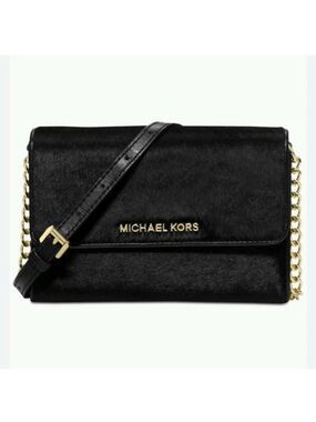 Michael Kors Crossbody Bag Black Calf Hair Jet Set Small Elegant Evening Purse